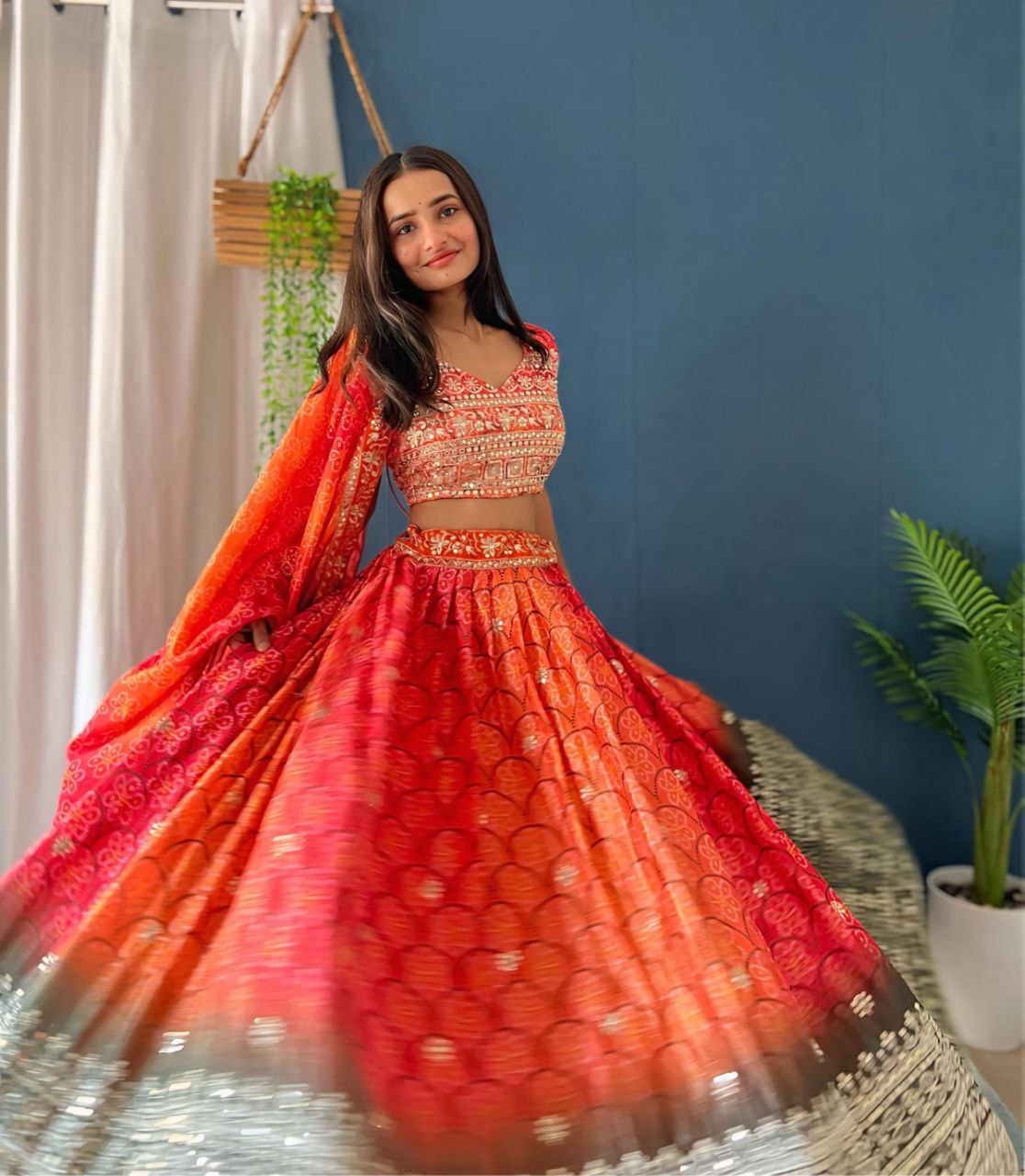 LEHNGA : CHINON SILK WITH DIGITAL PRINT AND EMBROIDERY SEQUENCE DESIGN WORK