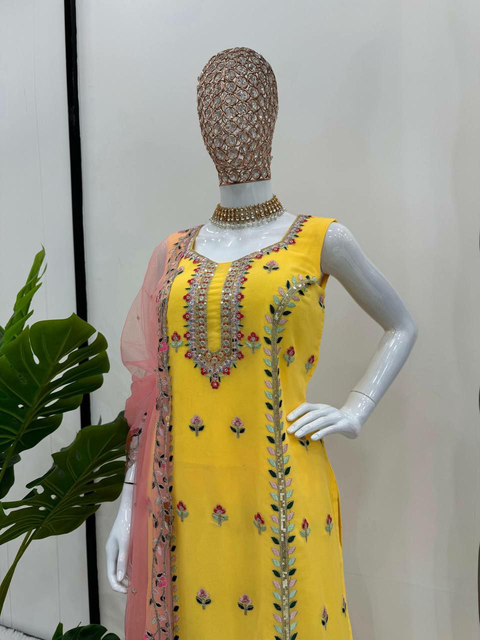 Designer sharara suit set perfect for haldi ceremony                    Foux gorgette 
Inner  : Micro
Work  : thread with Sequnce