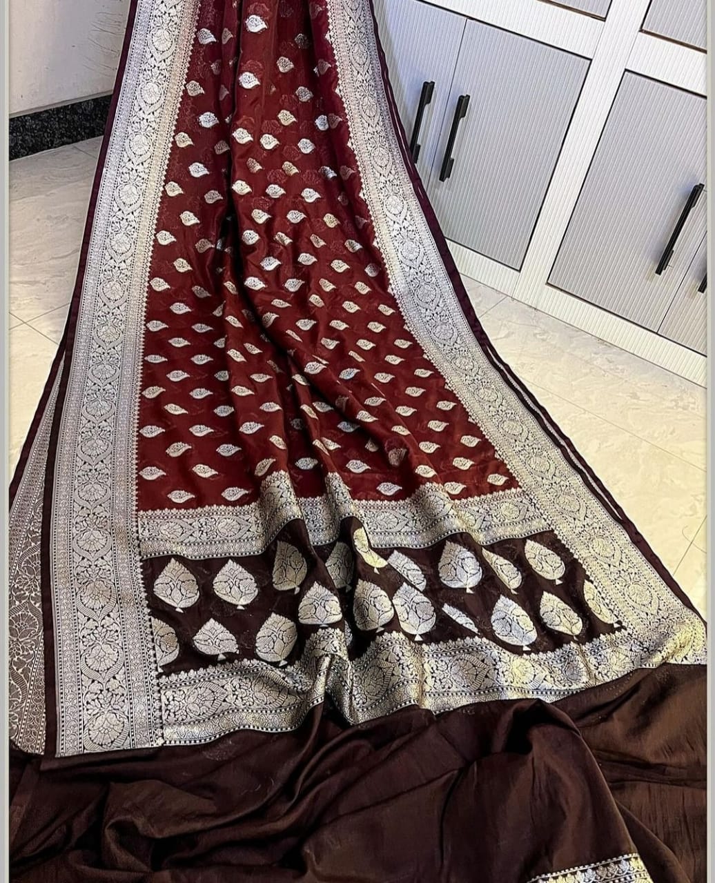 Banarasi Georgette Semi Katan 
Sarees Pure Silk Look With Exclusive Silver Zari Woven  Border Butis Body Rich Jacquard Pallu
