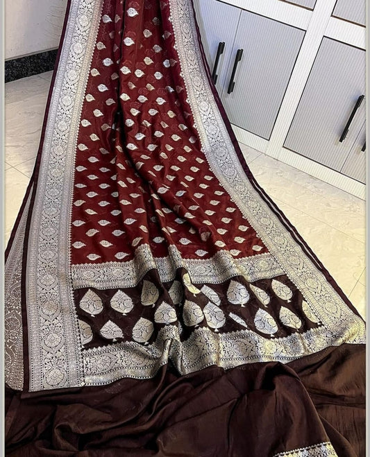 Banarasi Georgette Semi Katan 
Sarees Pure Silk Look With Exclusive Silver Zari Woven  Border Butis Body Rich Jacquard Pallu