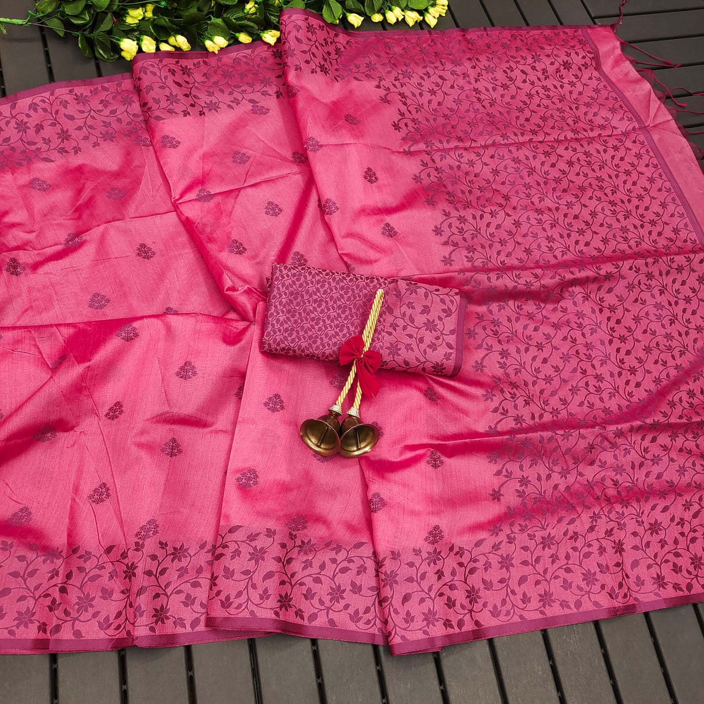Khadi Raw Silk Saree With Contrast Weaving Pallu With Royal Tassels With Jamdhani Weaving Border Having