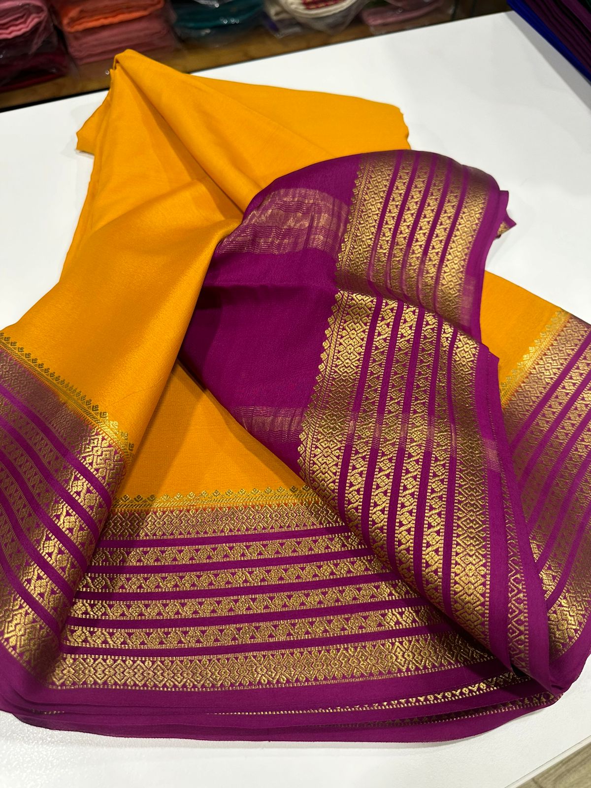 Pure Mysore silk sarees 
110 grm thickness  
Silk mark certified
Traditional lines border mysore silk sarees which comes with beautiful color combination
