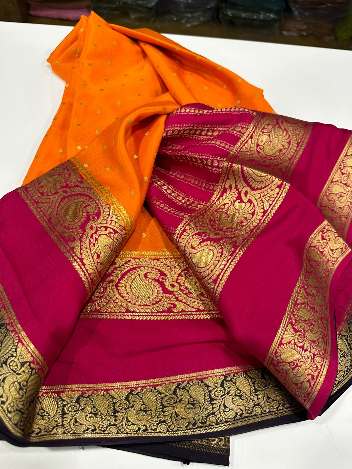 Pure Mysore silk sarees
120 grm thickness  with rich pallu 
Silk mark certified
Big mango n peacock design on border