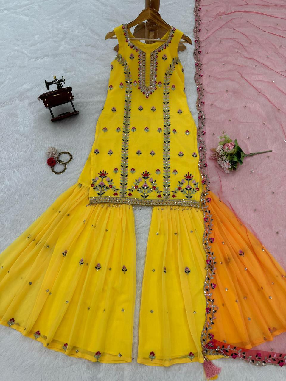 Designer sharara suit set perfect for haldi ceremony                    Foux gorgette 
Inner  : Micro
Work  : thread with Sequnce