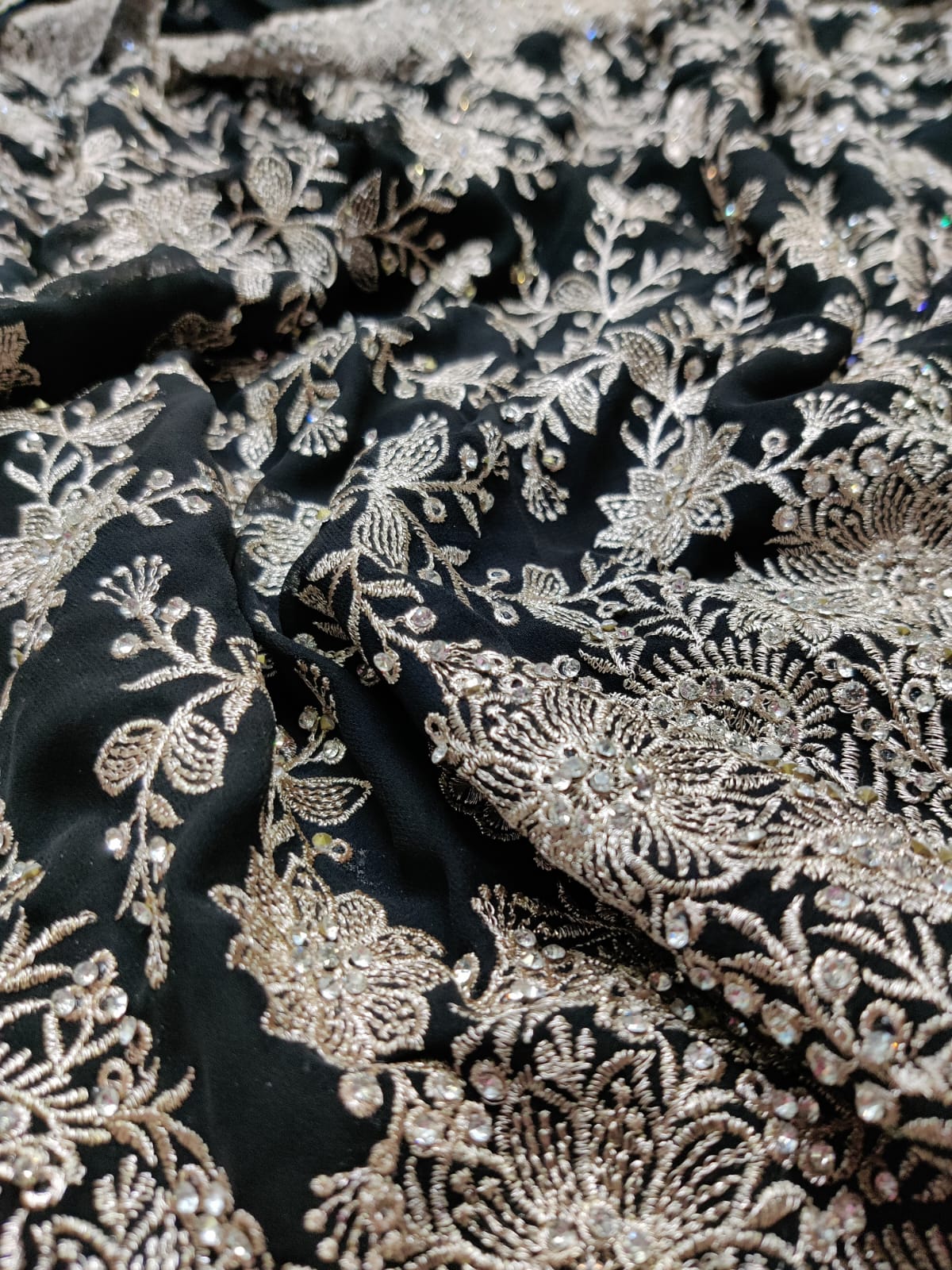 Allover silver jari jall with jarkan stone border on georgette* Saree
