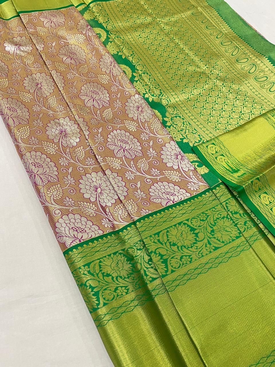 Kanchipuram semi Tishu silk sarees
Beautiful Design 
beautiful tishu bridal Semi silk sarees*