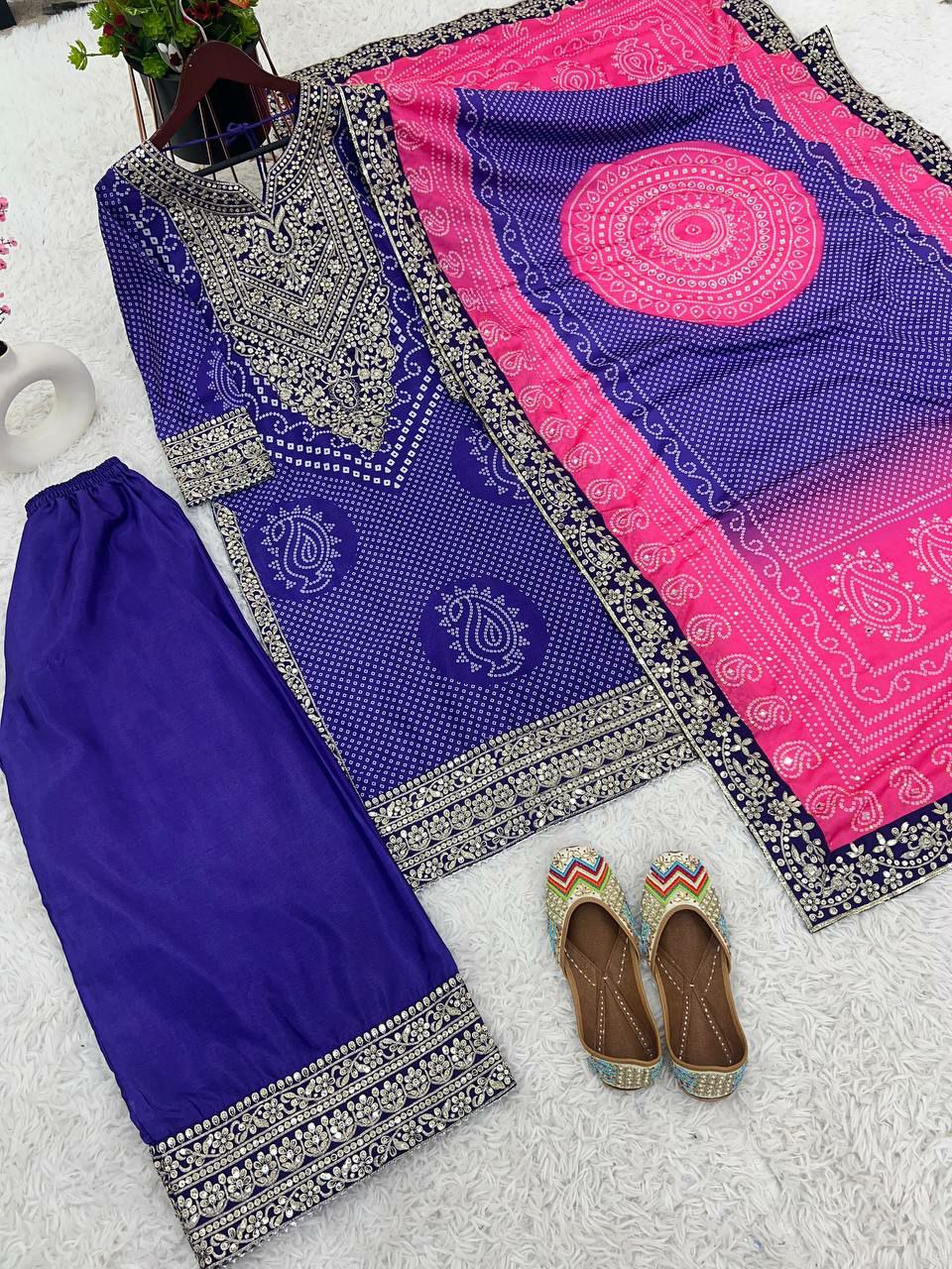 Designer plazo suit set          Heavy Chinon With Digital Print With Embroidery Sequence Work With Heavy With Full Sleeve