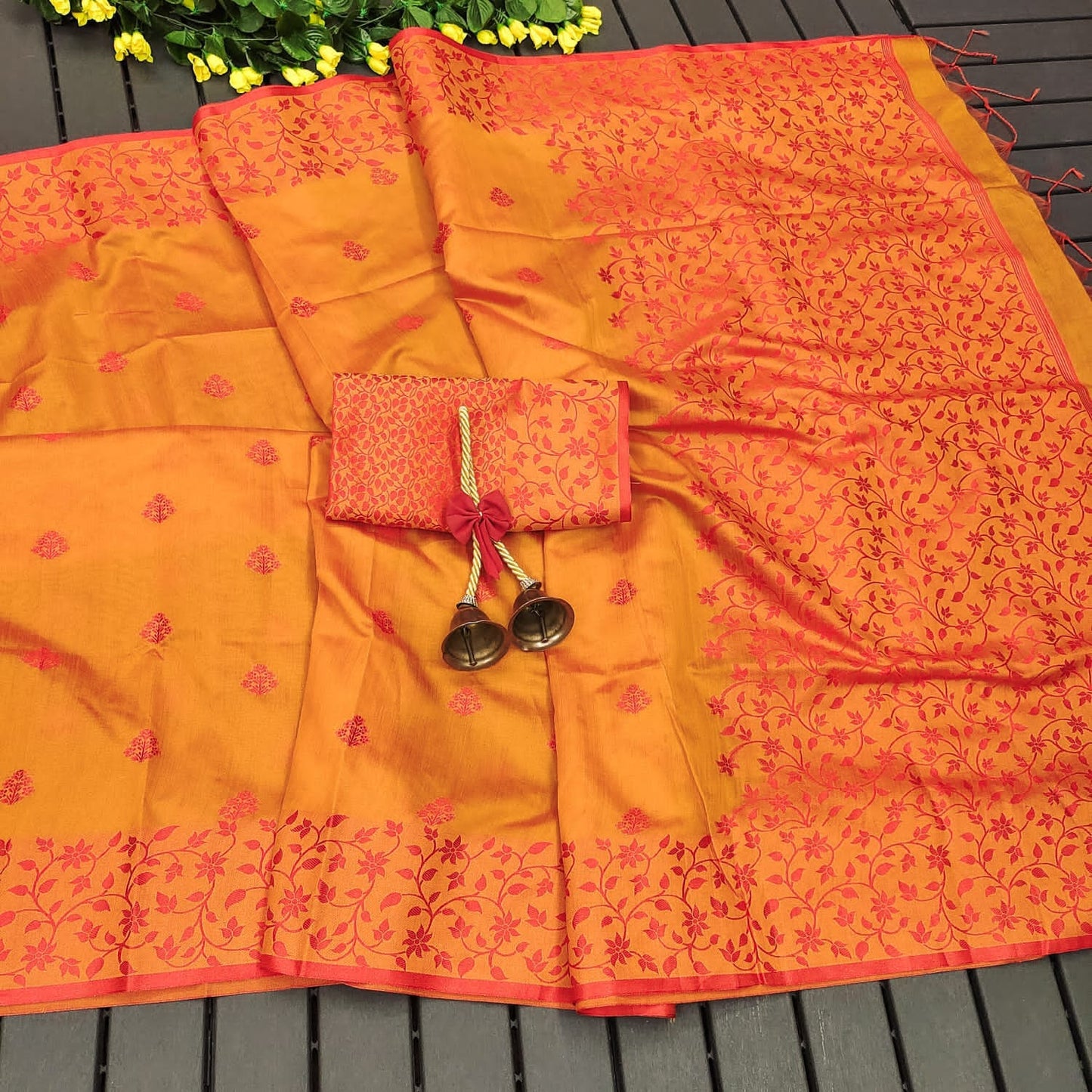 Khadi Raw Silk Saree With Contrast Weaving Pallu With Royal Tassels With Jamdhani Weaving Border Having