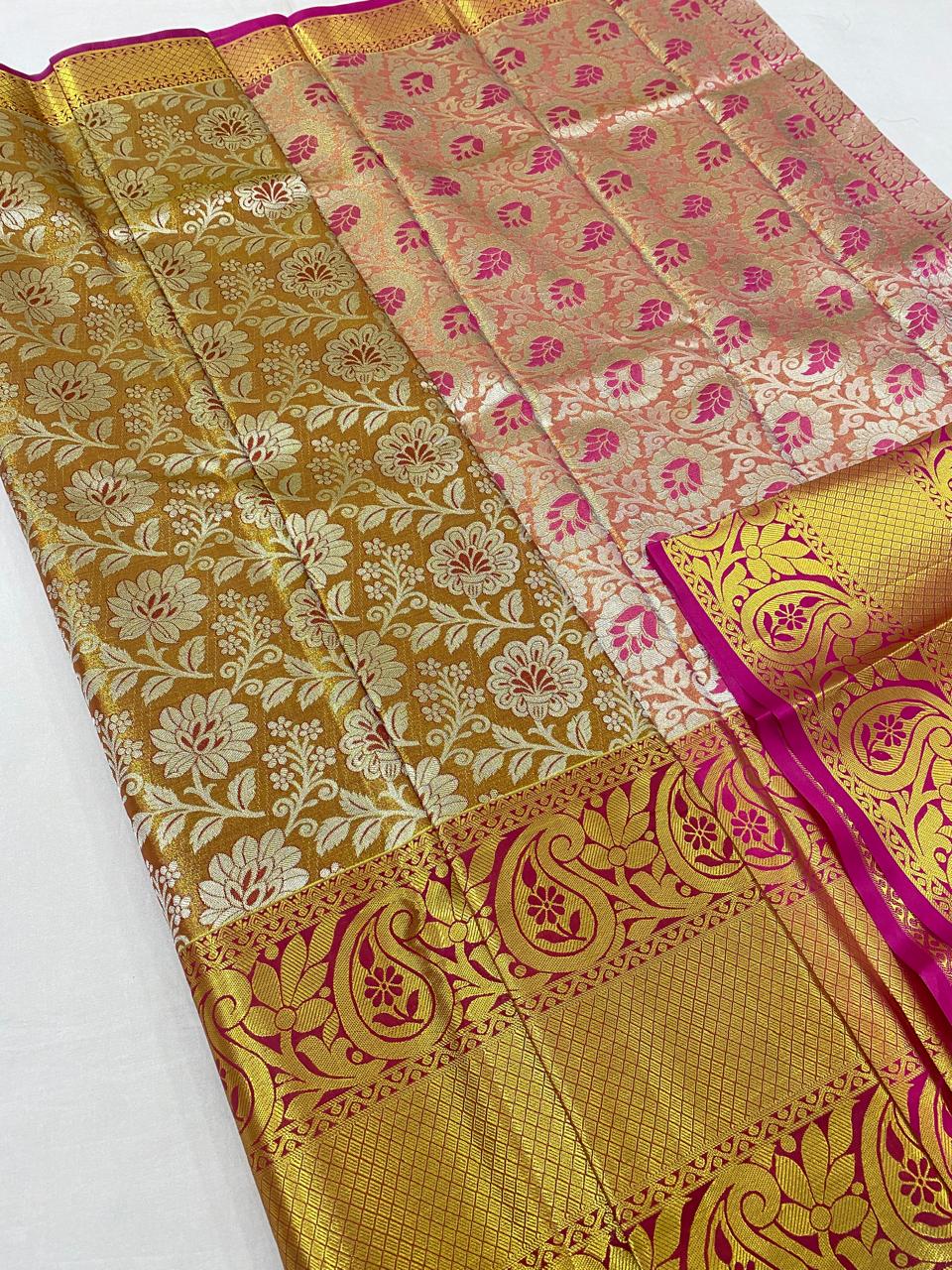 Kanchipuram semi Tishu silk sarees
Beautiful Design 
beautiful tishu bridal Semi silk sarees*