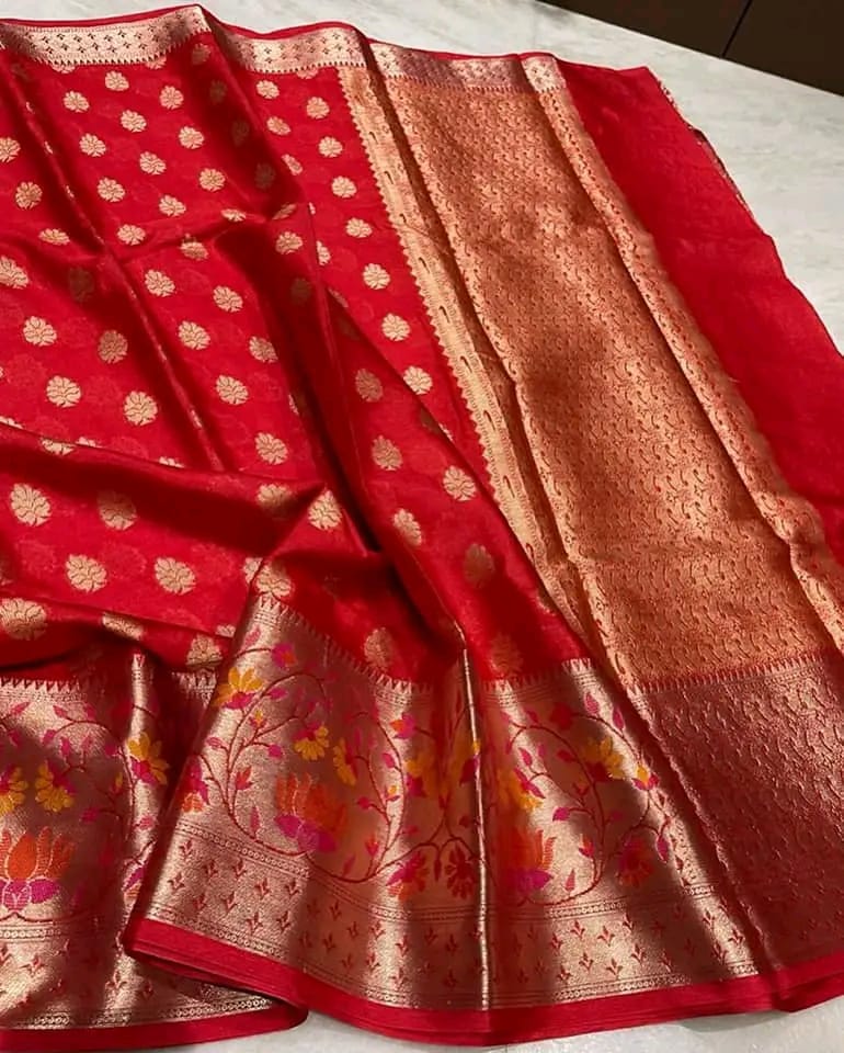 Banarasi Warmsilk Alfi Scurt*
Water Zari and Dupian Mina Work*
Beautiful Colour Combination*
Soft Fabric Light Weight Sarees*