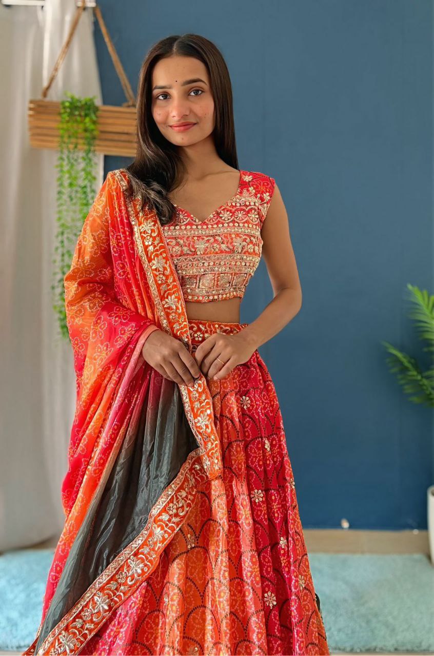 LEHNGA : CHINON SILK WITH DIGITAL PRINT AND EMBROIDERY SEQUENCE DESIGN WORK
