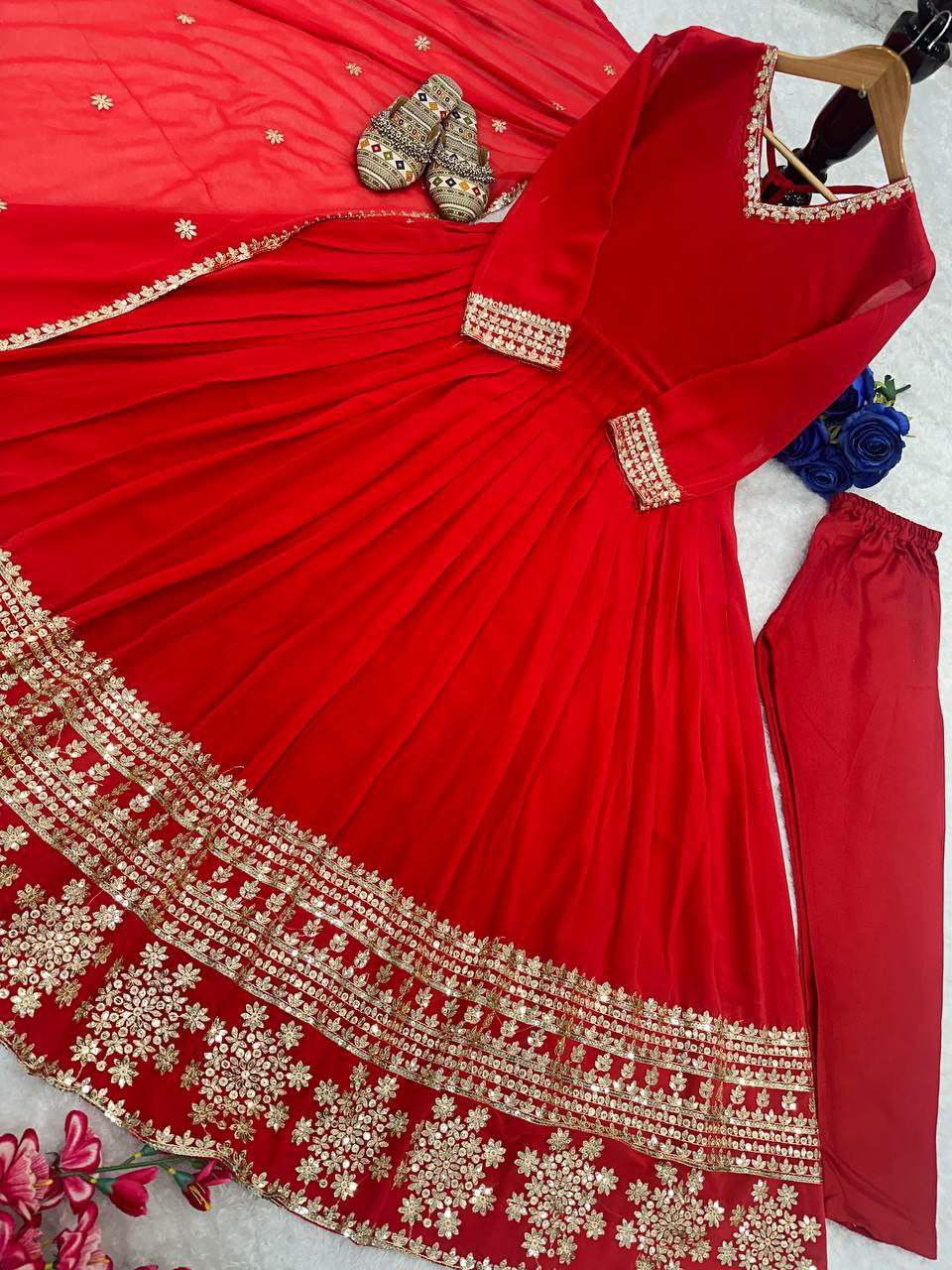 GOWN WITH PANT AND EMBROIDERY  WORK
GOWN FABRIC : HAVY FOUX GEORGATE WITH EMBROIDERY WORK AND FULL SLEEVES
