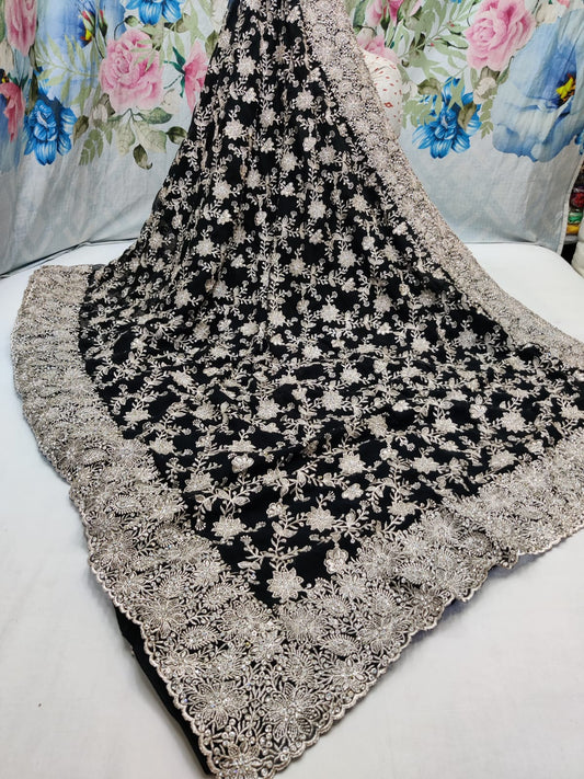 Allover silver jari jall with jarkan stone border on georgette* Saree