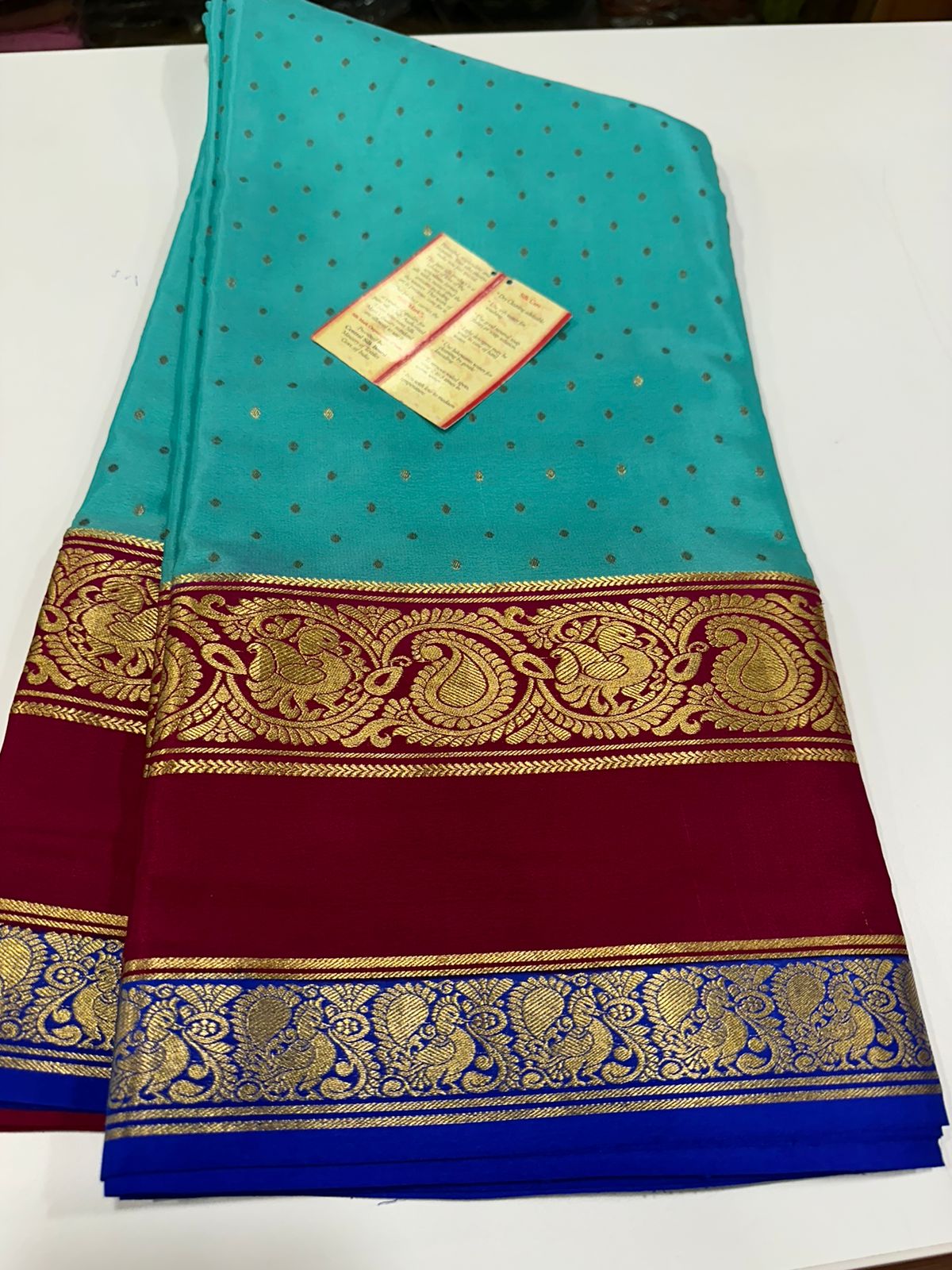 Pure Mysore silk sarees
120 grm thickness  with rich pallu 
Silk mark certified
Big mango n peacock design on border