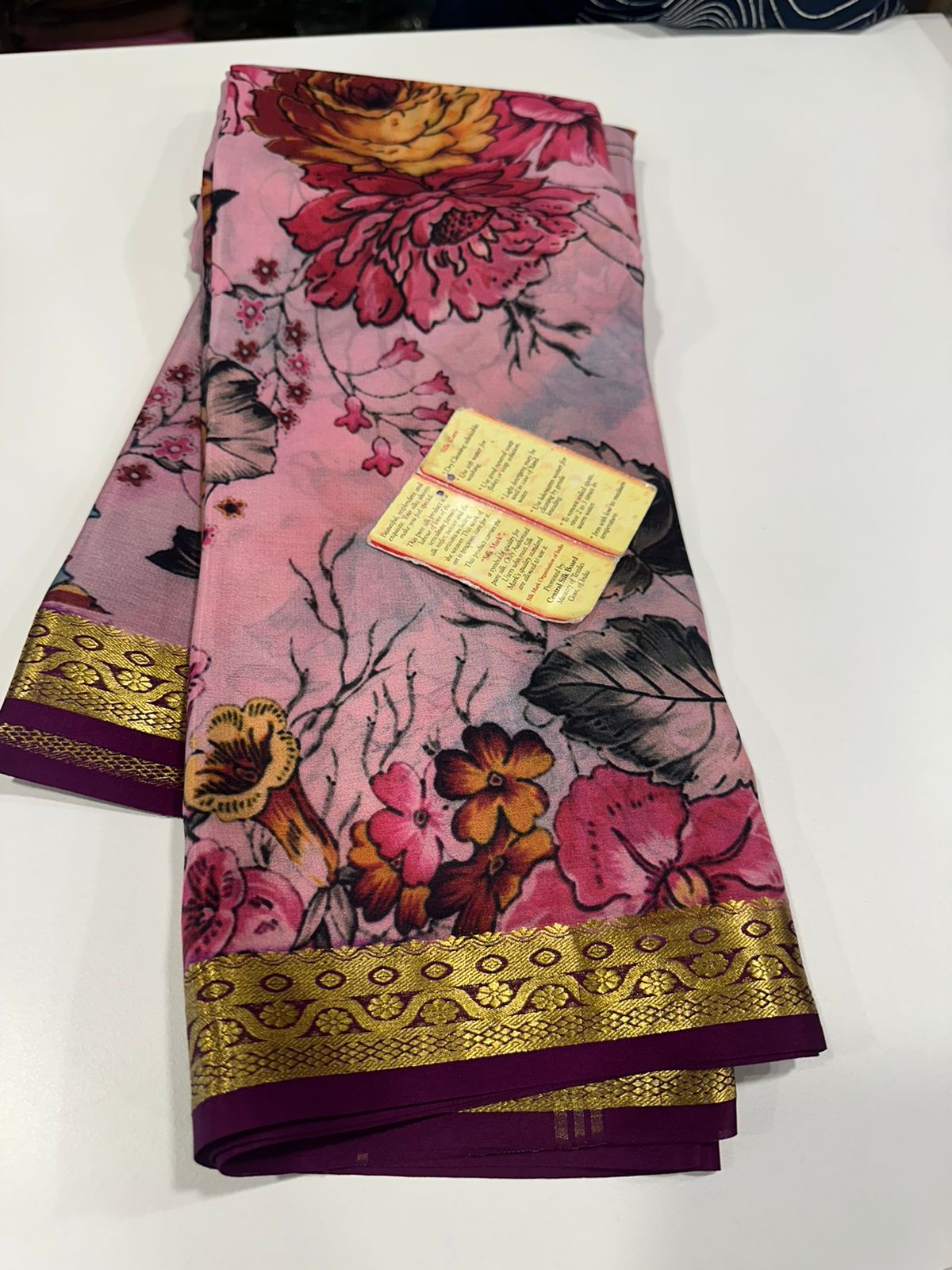 Pure Mysore silk saree
Silk mark certification 
75  grm  thickness 
Comes with contrast  blouse piece 
digital prints Printed Mysore silk sarees with heavy quality