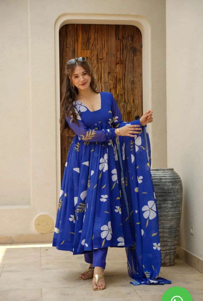 Looking for an effortless and chic summer look? Look no further than this stunning blue Georgette kurti suit! Crafted from light and breathable fabric, this suit is perfect for hot weather.