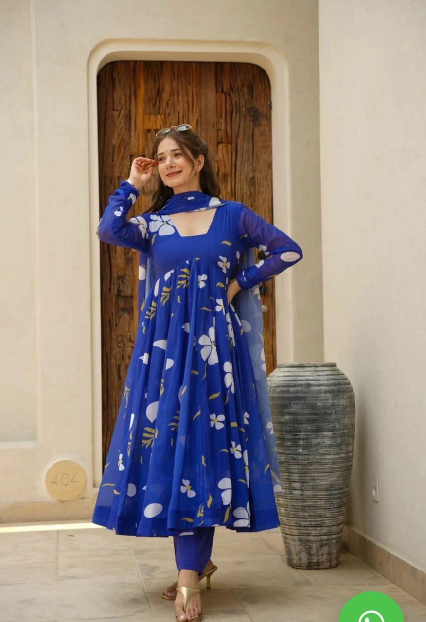 Looking for an effortless and chic summer look? Look no further than this stunning blue Georgette kurti suit! Crafted from light and breathable fabric, this suit is perfect for hot weather.