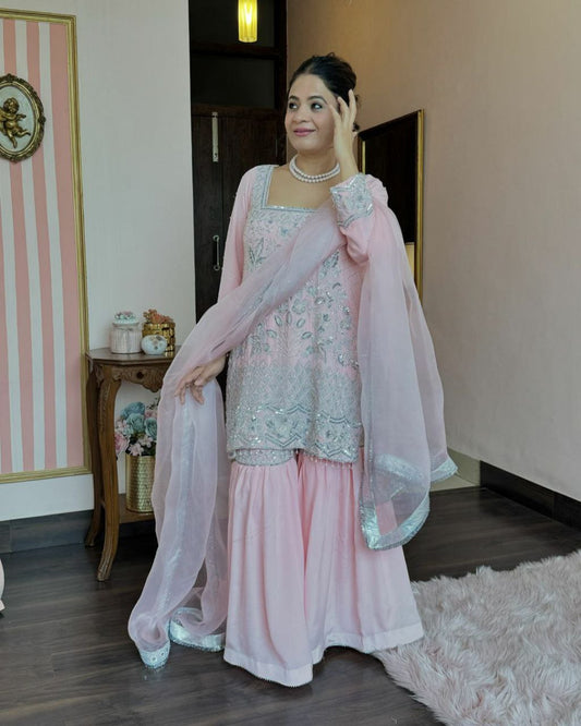 Sharara suti set                         Heavy Faux Georgette Material With 5mm Sequence Embroidery Work. with (Long Sleeves  )