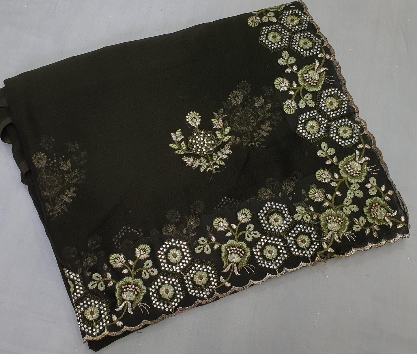 ALLOVER REASHAM WORK BORDER AND BUTTA WITH STONE ON GEORGETTE*Saree