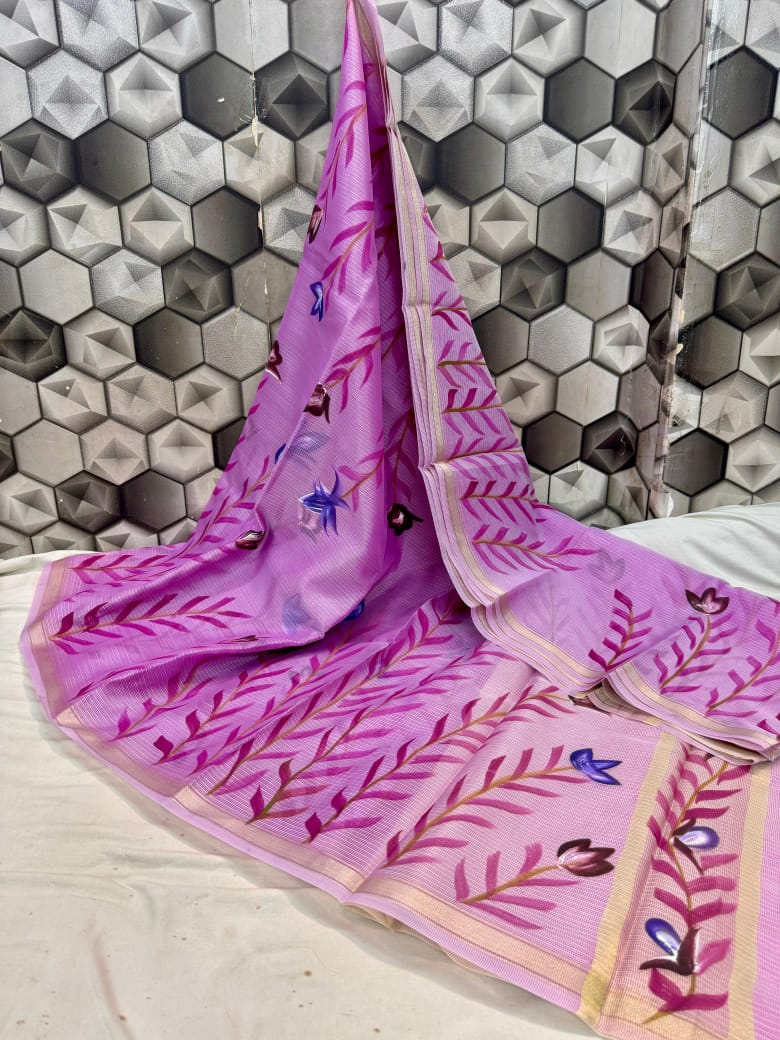 HANDWOVEN BANARASI KOTA CHEK HAND BRUSH PRINT SAREE*
