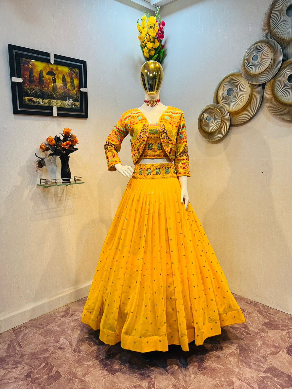 GORGETTE WITH MULTI COLOR EMBROIDERY DUBAL SIQUNCE WORK WITH FULL SLEEVE LENGHA CHOLI