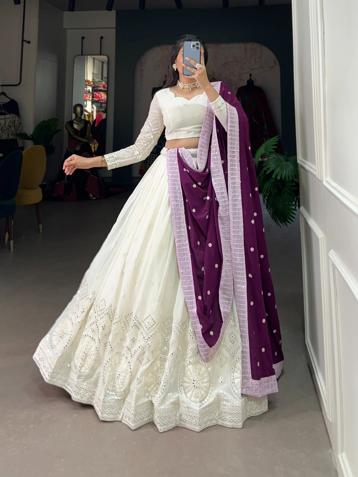 Lehenga choli
Experience timeless elegance with this beautiful lucknowi paper mirror work lehenga 🌸