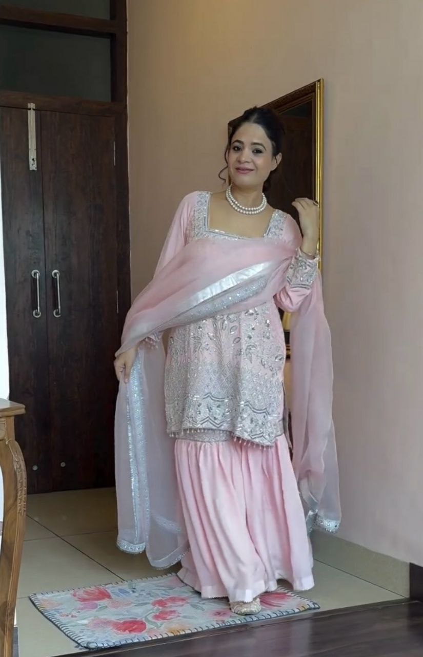 Sharara suti set                         Heavy Faux Georgette Material With 5mm Sequence Embroidery Work. with (Long Sleeves  )
