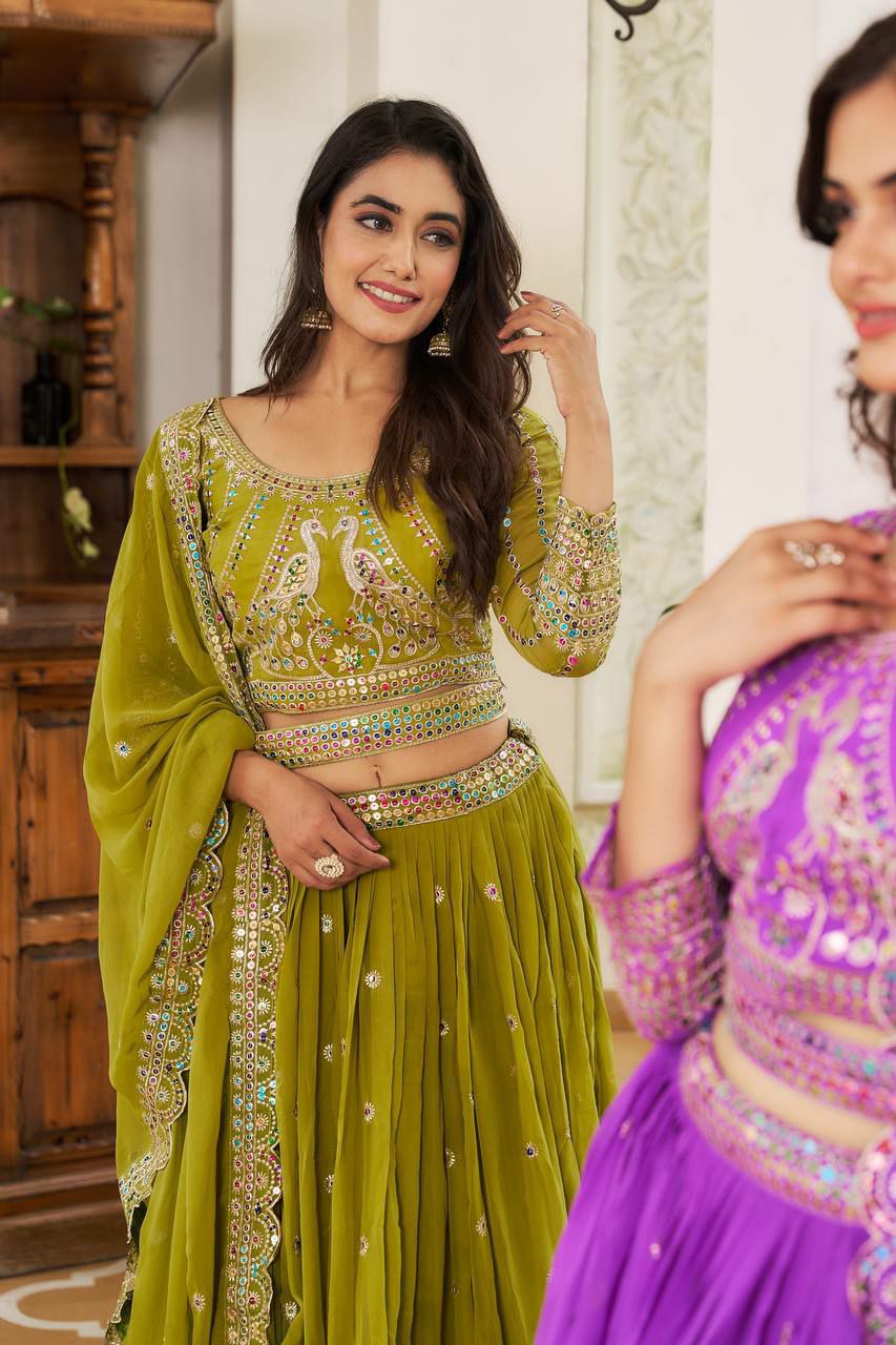 Perfect for mehndi ceremony lehenga choli set. 
Fabric:- Fox Georgette 
Work:- Heavy 7mm multi Sequence Work 
INNER:  Micro Cotton