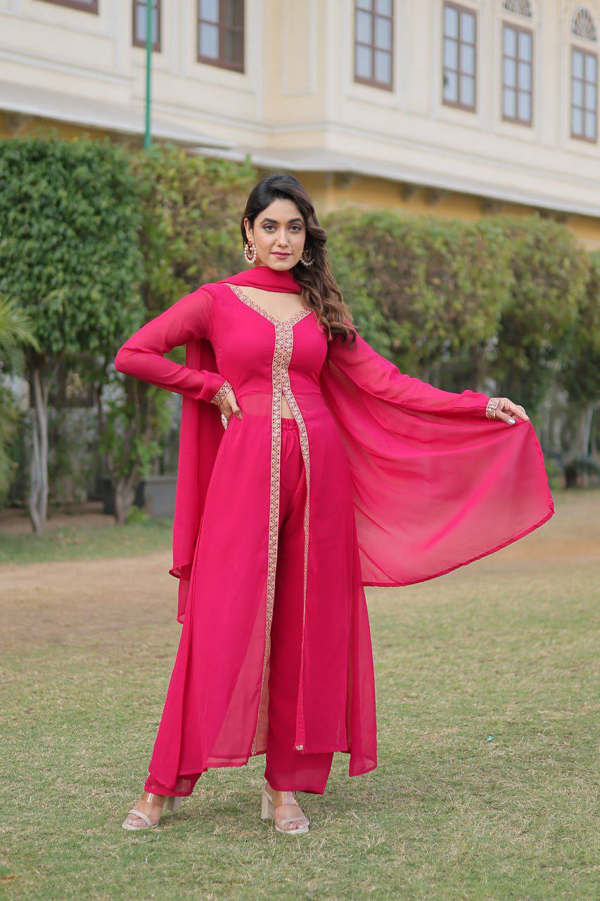 Fancy suit set                        FABRIC & WORK :- Faux Blooming With Embroidered Work