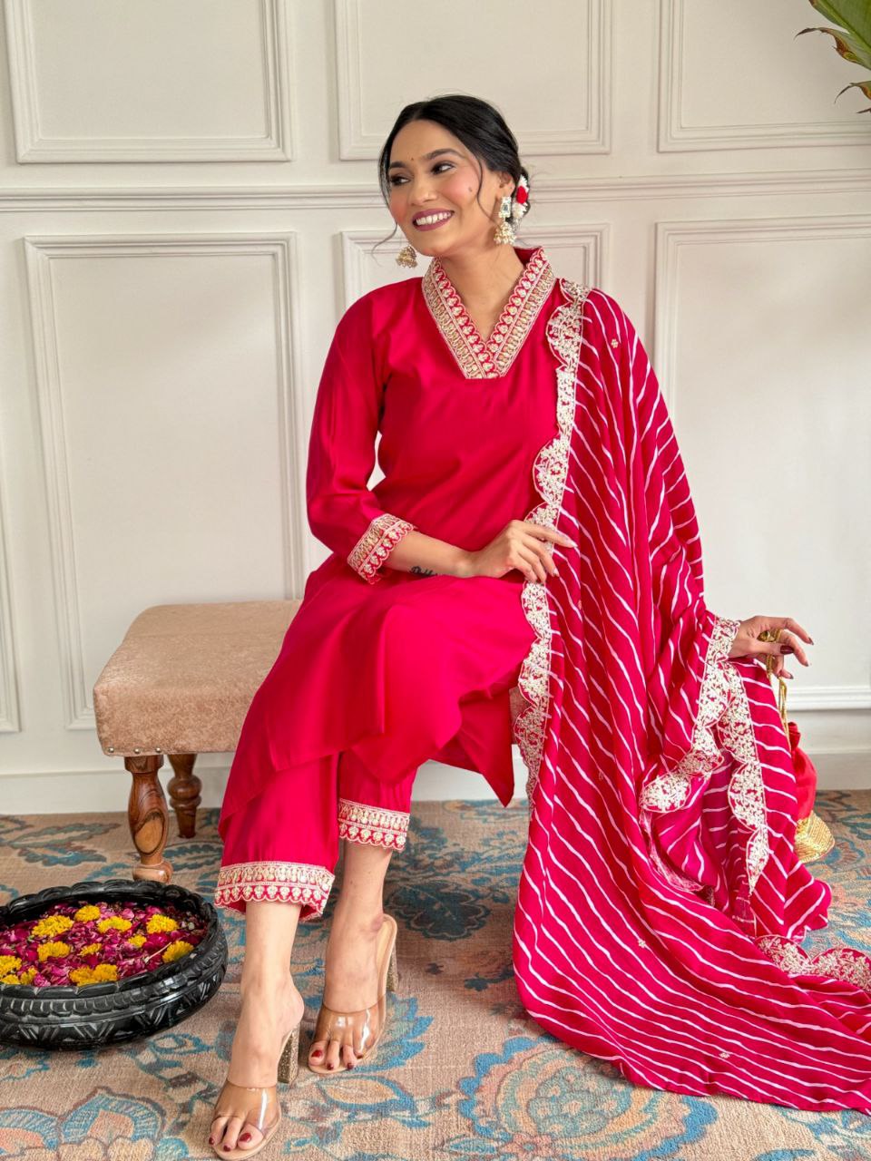 Suti set This set features PV CHANDERI with attractive Embroidery