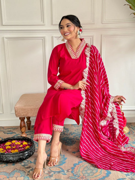 Suti set This set features PV CHANDERI with attractive Embroidery