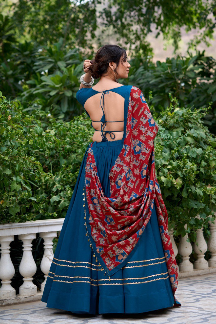 Dance through Navratri nights in this beautifully printed pure cotton lehenga choli