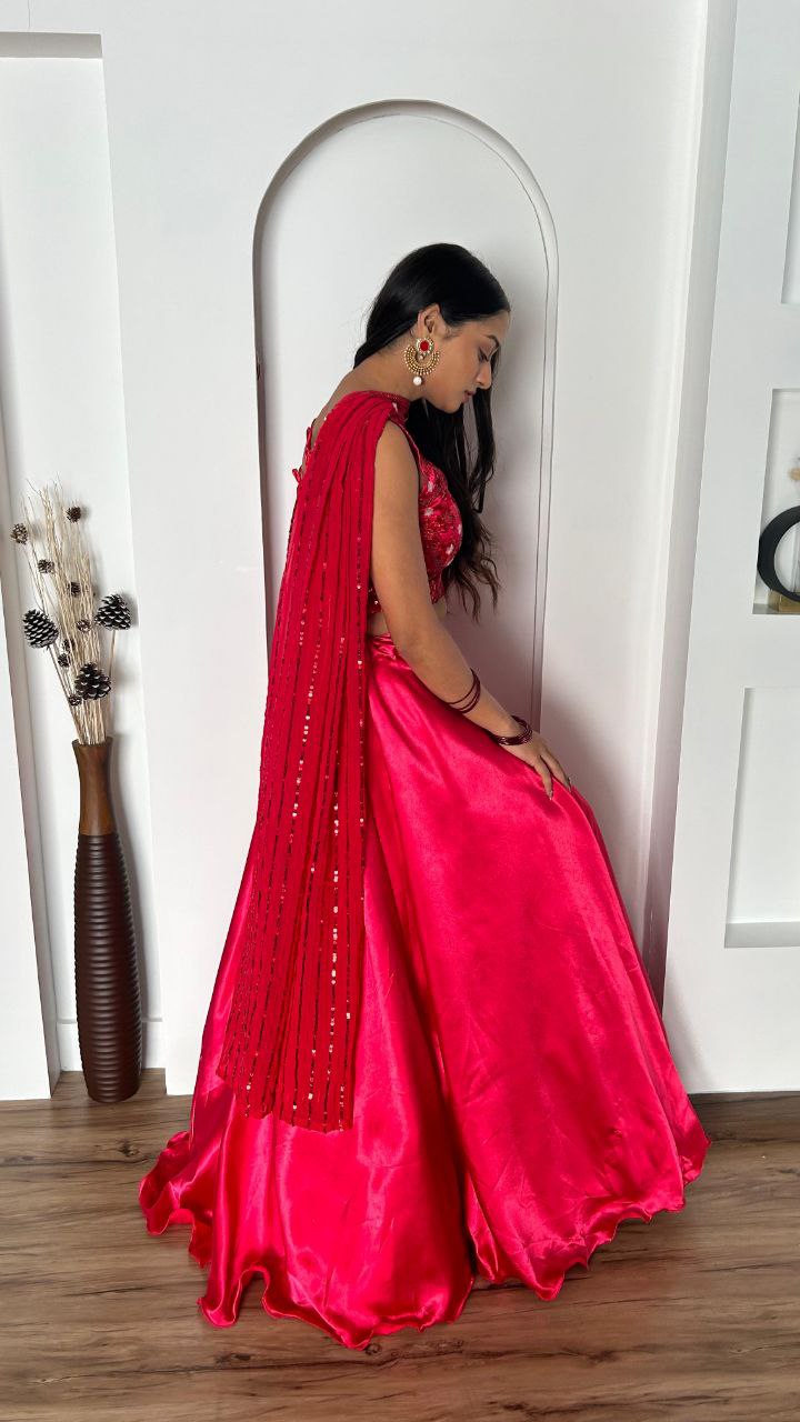 Beautiful lehenga collection Japan satin silk lehnga with 4.75 meter flair 
can can attach
Japan satin silk blouse with Dori , sequins & thread work ( unstitch )
Georgette stitched Duppata with Dori , sequins & thread work