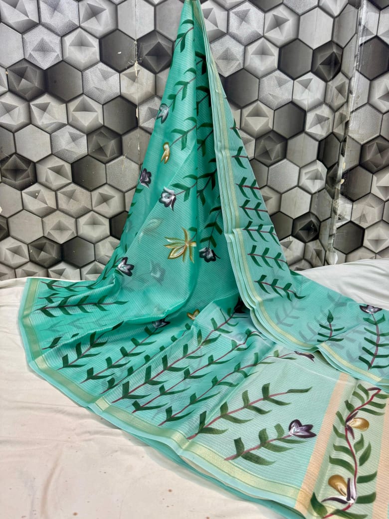 HANDWOVEN BANARASI KOTA CHEK HAND BRUSH PRINT SAREE*