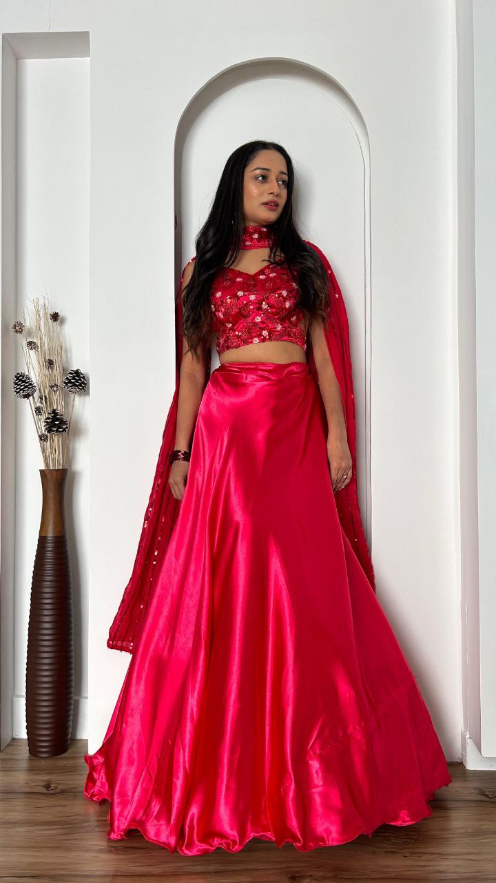 Beautiful lehenga collection Japan satin silk lehnga with 4.75 meter flair 
can can attach
Japan satin silk blouse with Dori , sequins & thread work ( unstitch )
Georgette stitched Duppata with Dori , sequins & thread work