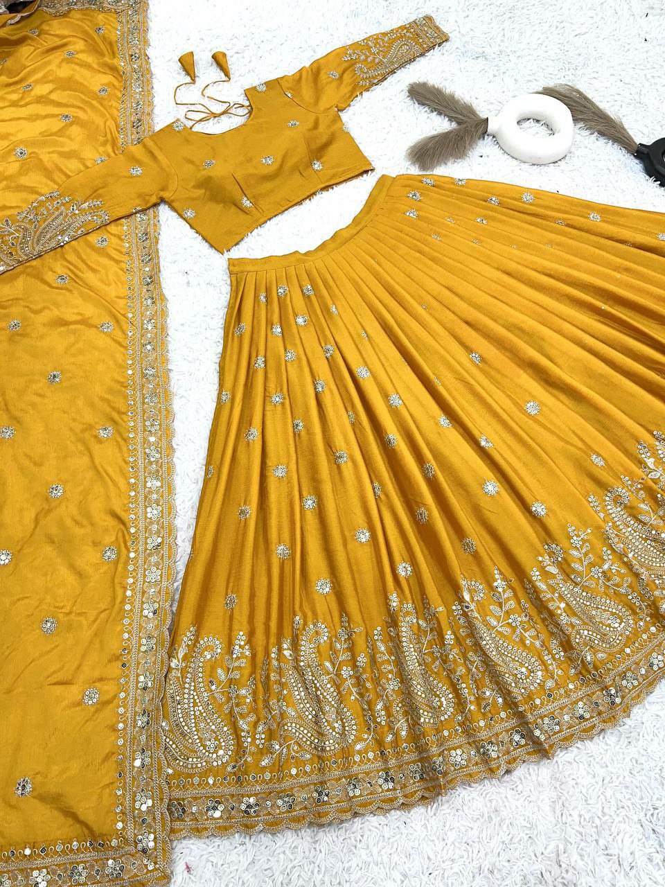 Lehenga Fabric   : Heavy  Chinon Silk With Heavy Embroidery Sequence Work With CanCan Patta
Lehenga Flair :  3 mtr
Lehenga Inner : Micro Cotton
Lehenga Length : 42-43 Inch 
Choli  Fabric : Heavy Chinon Silk With Heavy Embroidery Sequence Work