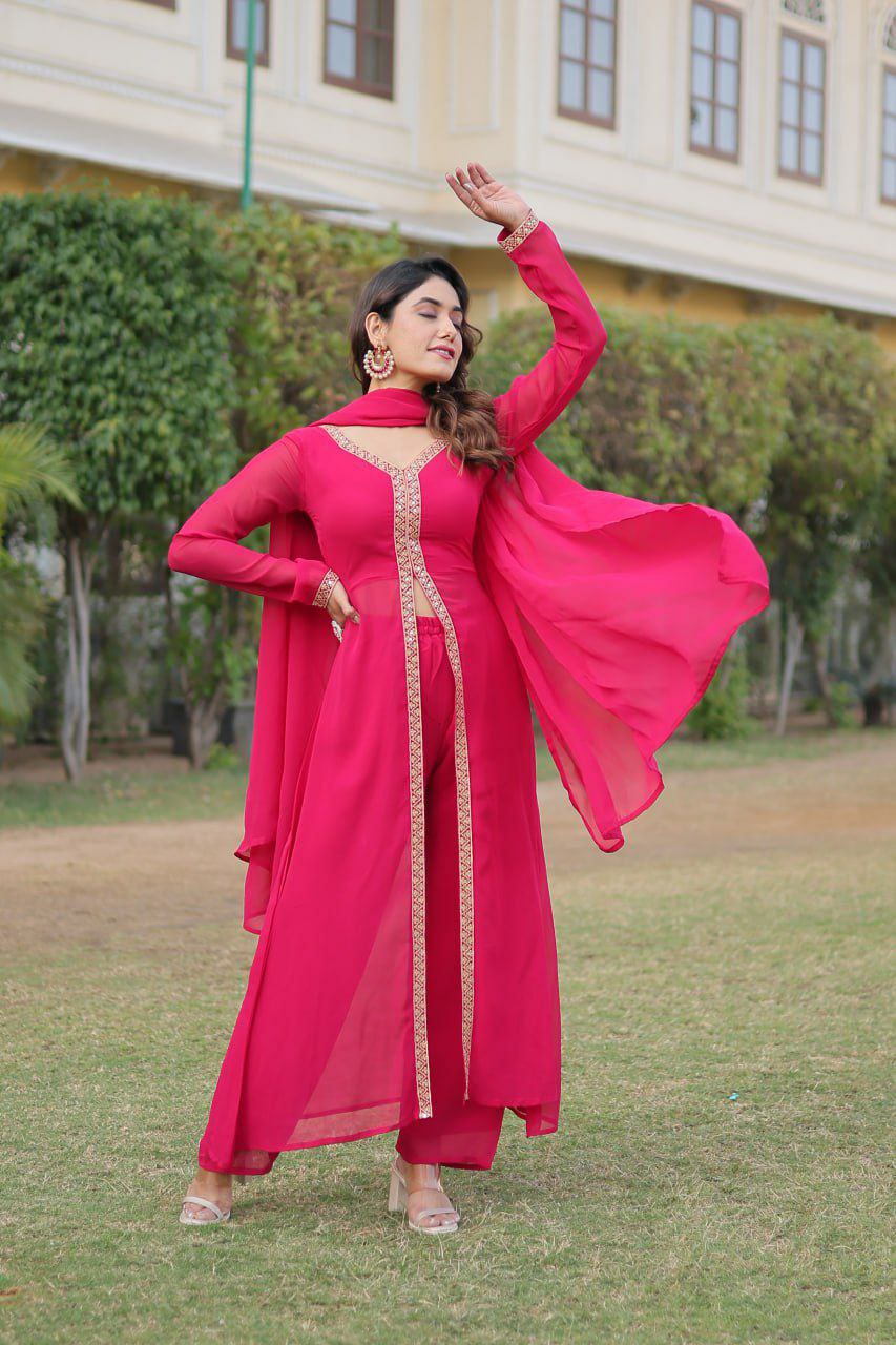 Fancy suit set                        FABRIC & WORK :- Faux Blooming With Embroidered Work
