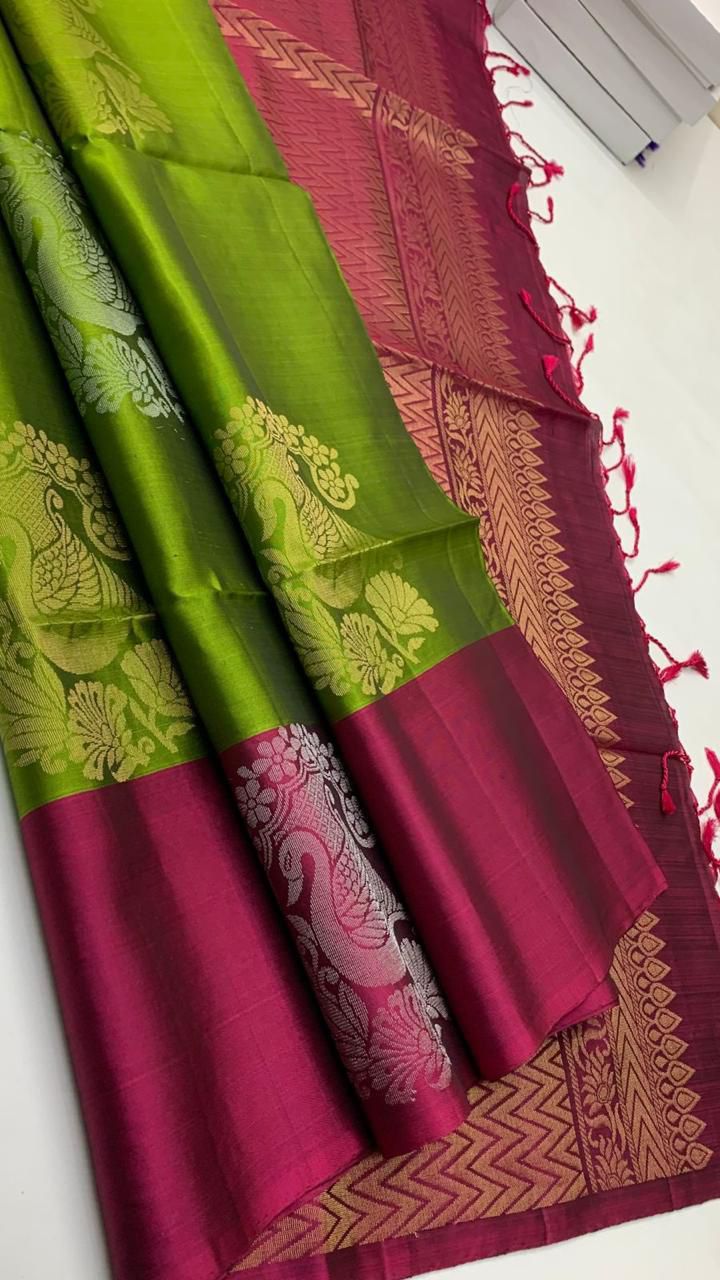 Pure handloom Big bhutta borderless Double warp soft silk sarees collections with contrast Pallu and blouse