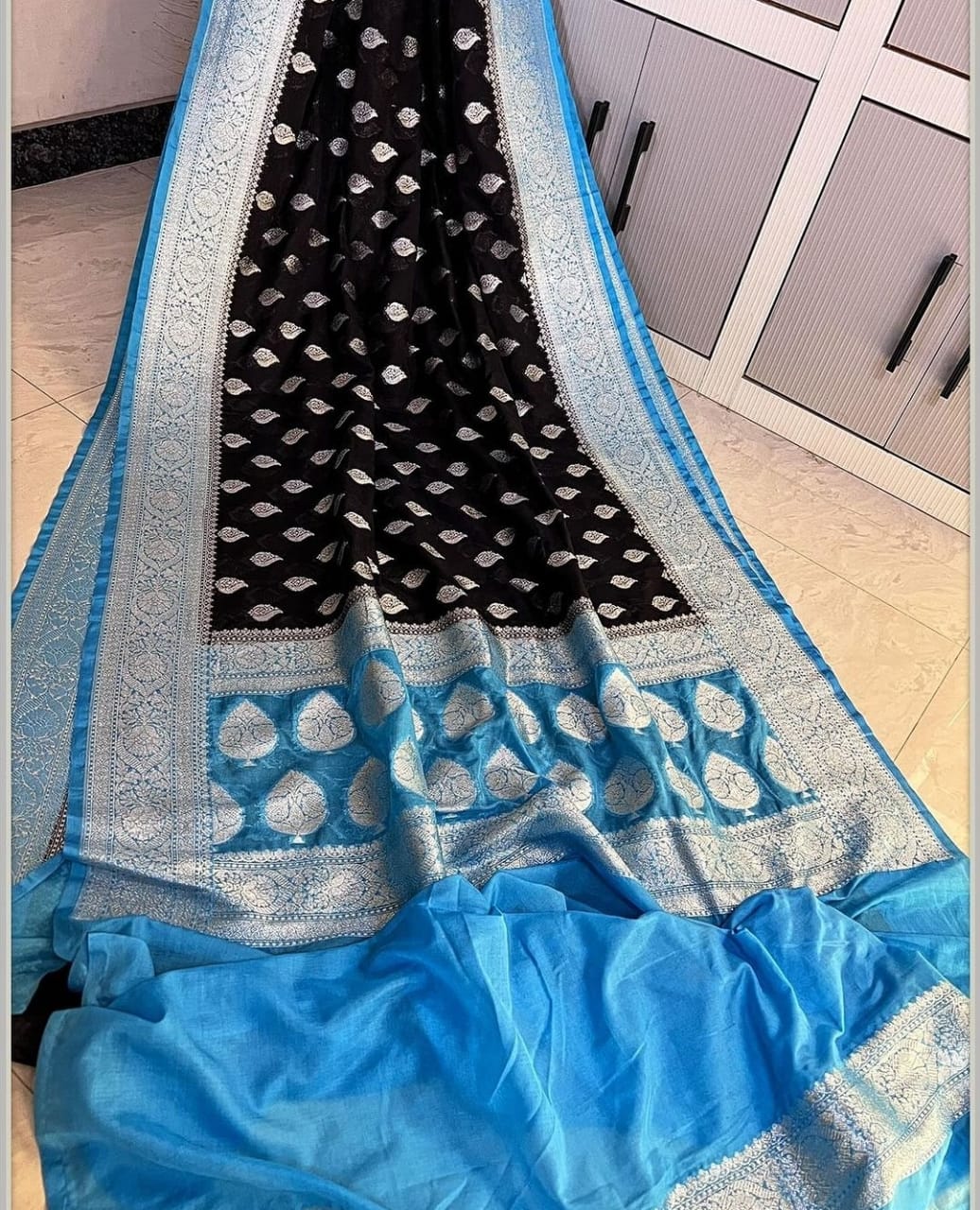 Banarasi Georgette Semi Katan 
Sarees Pure Silk Look With Exclusive Silver Zari Woven  Border Butis Body Rich Jacquard Pallu