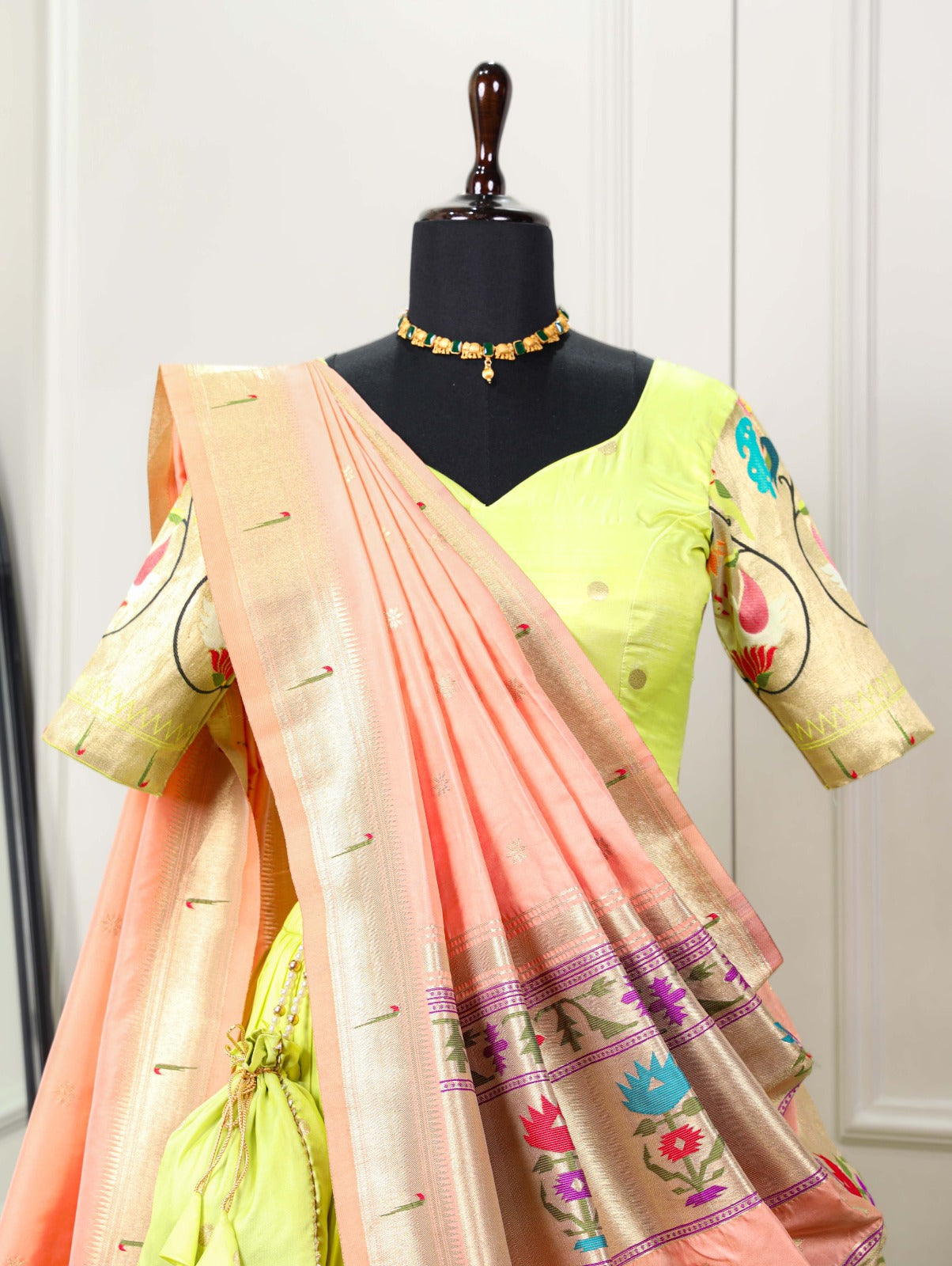 Paithani collection 
In the midst of modern trends, the Parrot Paithani lehenga choli stands as a beacon of tradition, reminding us of the beauty found in our roots💚.