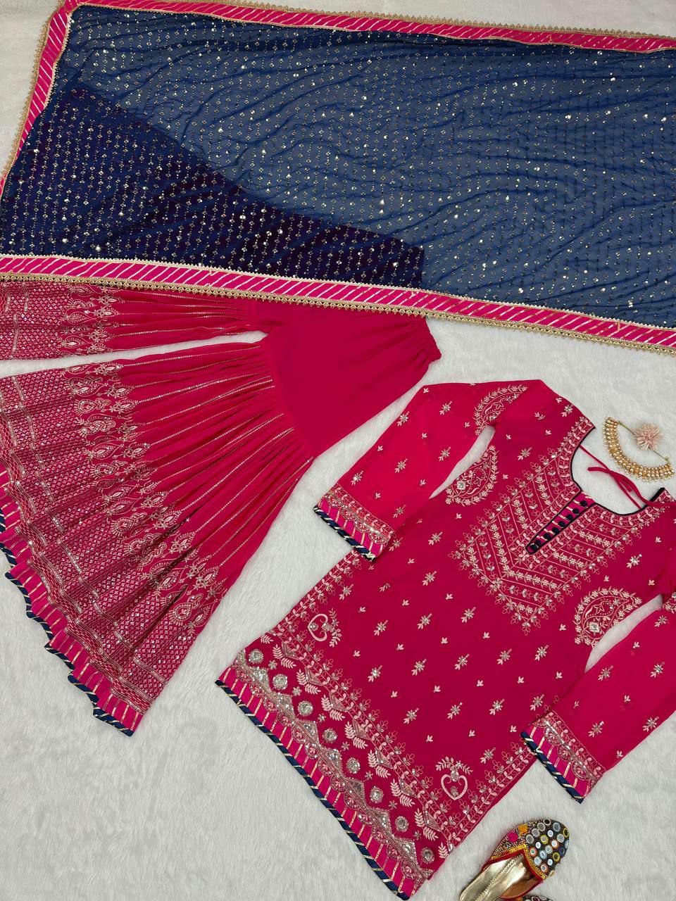 Perfect bridal sharara suit set Fabric :  Foux gorgette 
Inner  : Micro
Work   : thread with Sequnce  
Stich    : M(38),L(40),XL(42) with xxl margin