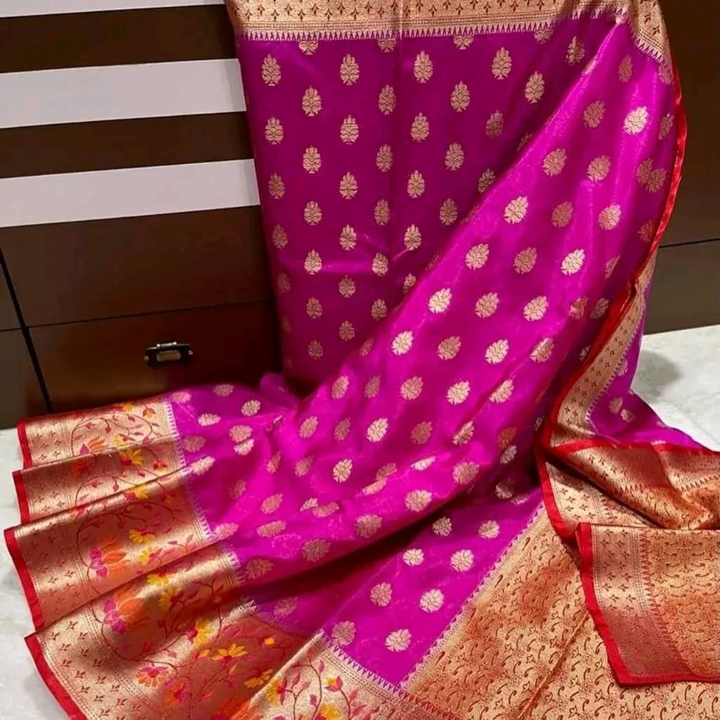 Banarasi Warmsilk Alfi Scurt*
Water Zari and Dupian Mina Work*
Beautiful Colour Combination*
Soft Fabric Light Weight Sarees*