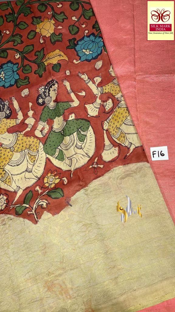 New launch work in penkalamkari monolithic work*
Original PenKalamkari  handpaint Kanchipuram softsilk sarees* 
Natural  organic colour  used on painting