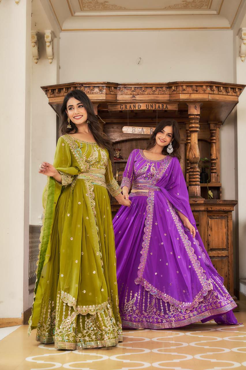 Perfect for mehndi ceremony lehenga choli set. 
Fabric:- Fox Georgette 
Work:- Heavy 7mm multi Sequence Work 
INNER:  Micro Cotton