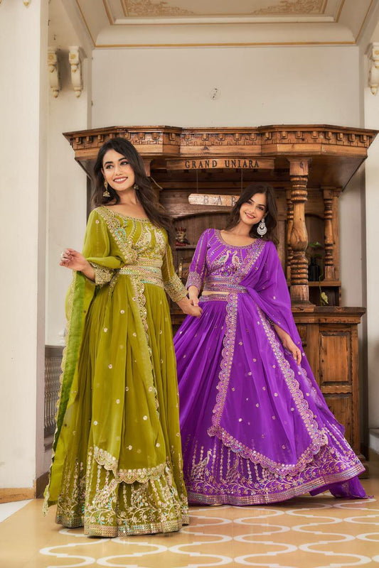 Perfect for mehndi ceremony lehenga choli set. 
Fabric:- Fox Georgette 
Work:- Heavy 7mm multi Sequence Work 
INNER:  Micro Cotton