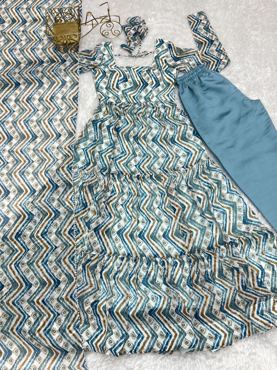 PURE SOFT FOX GEORGETTE ZIGZAG PRINT FABRIC FULLY FLAIR ANARKALI,WITH DUPPTA SET,PENT READY TO WEAR