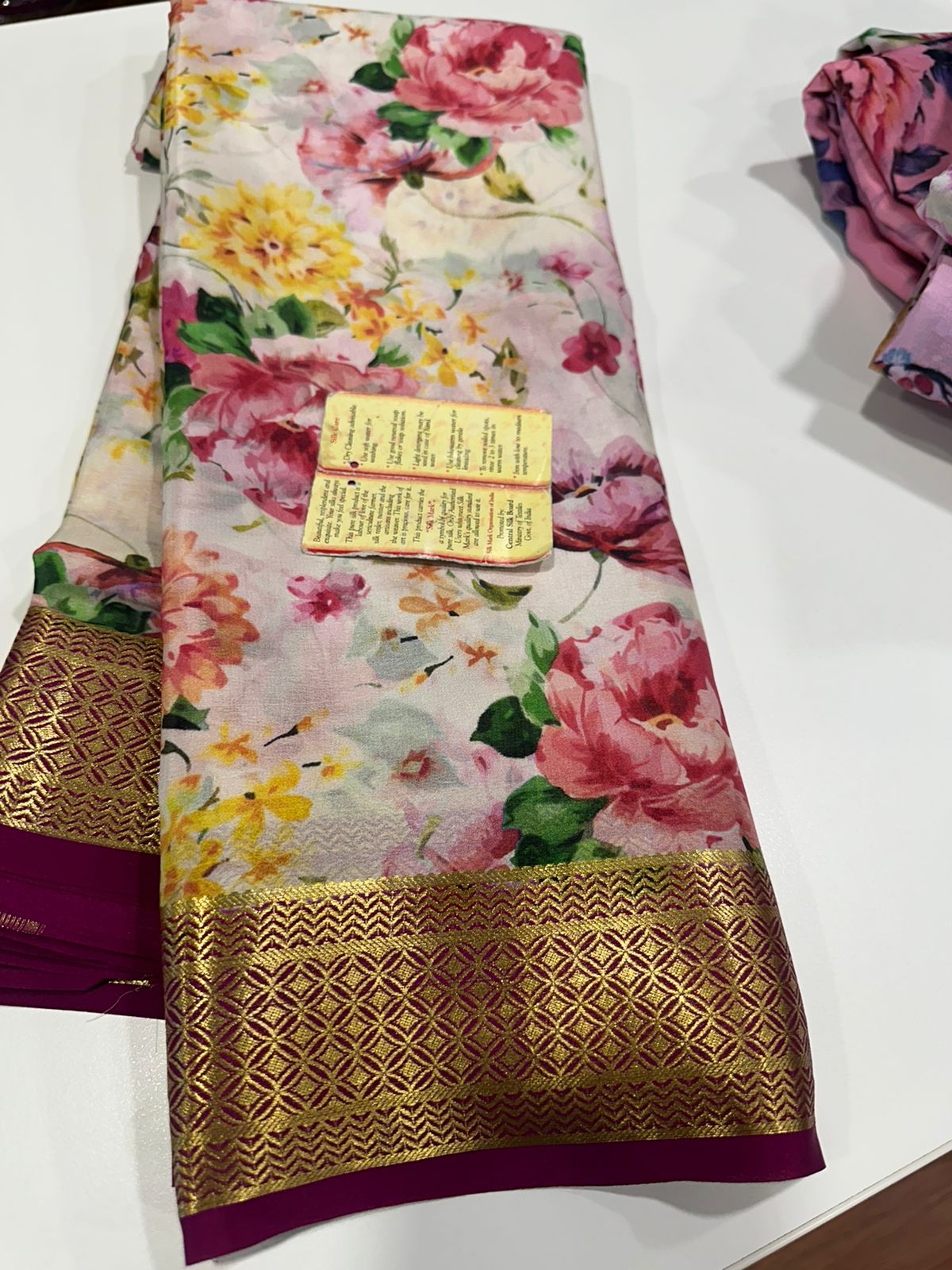 Pure Mysore silk saree
Silk mark certification 
75  grm  thickness 
Comes with contrast  blouse piece 
digital prints Printed Mysore silk sarees with heavy quality