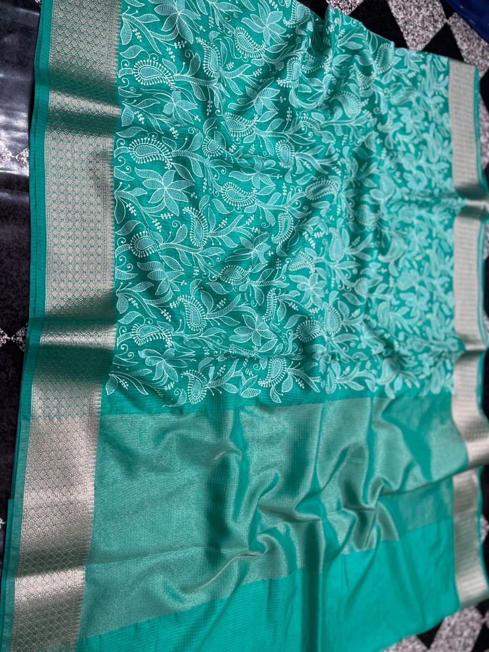 Banarasi Kora Organza Silk Sarees Very Good Quality With Very Beautiful Embroidery Chickenkari Work Weaving Design Border