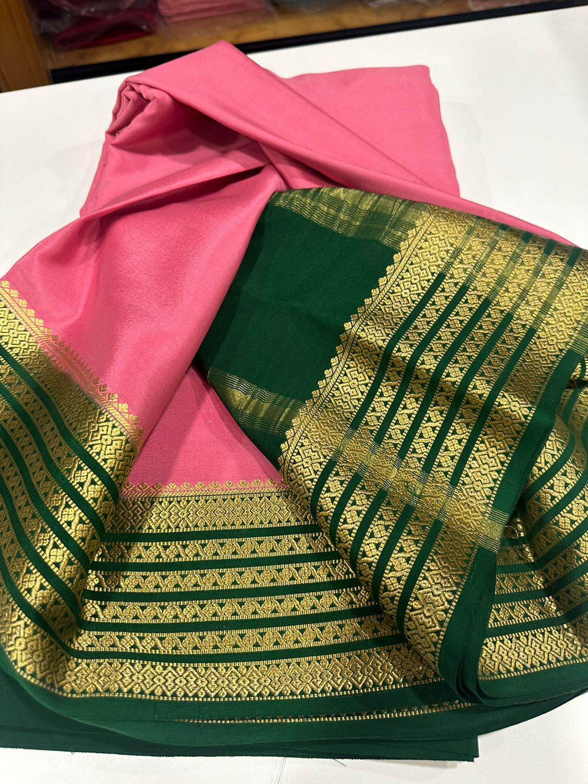 Pure Mysore silk sarees 
110 grm thickness  
Silk mark certified
Traditional lines border mysore silk sarees which comes with beautiful color combination