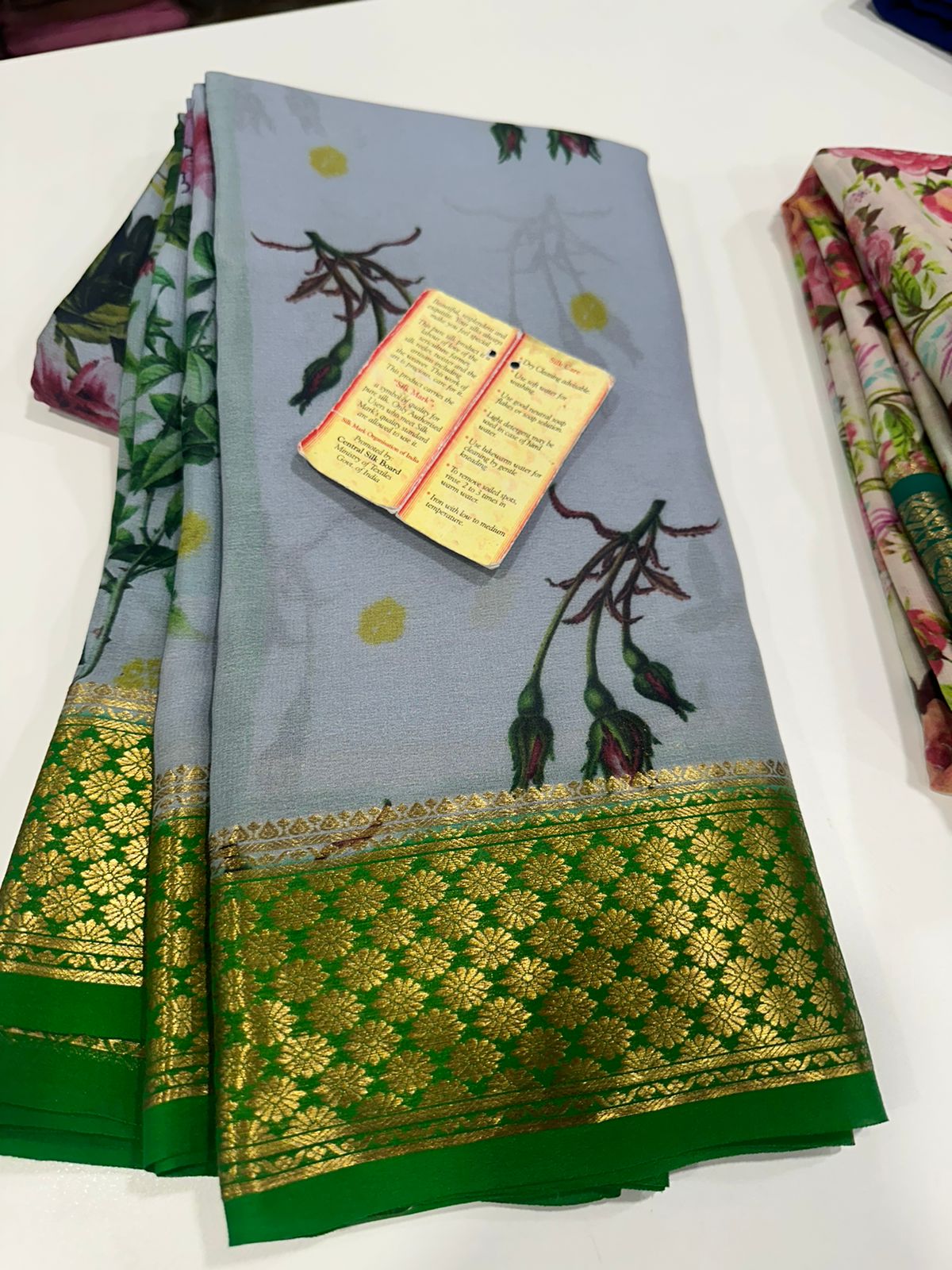 Pure Mysore silk saree
Silk mark certification 
75  grm  thickness 
Comes with contrast  blouse piece 
digital prints Printed Mysore silk sarees with heavy quality